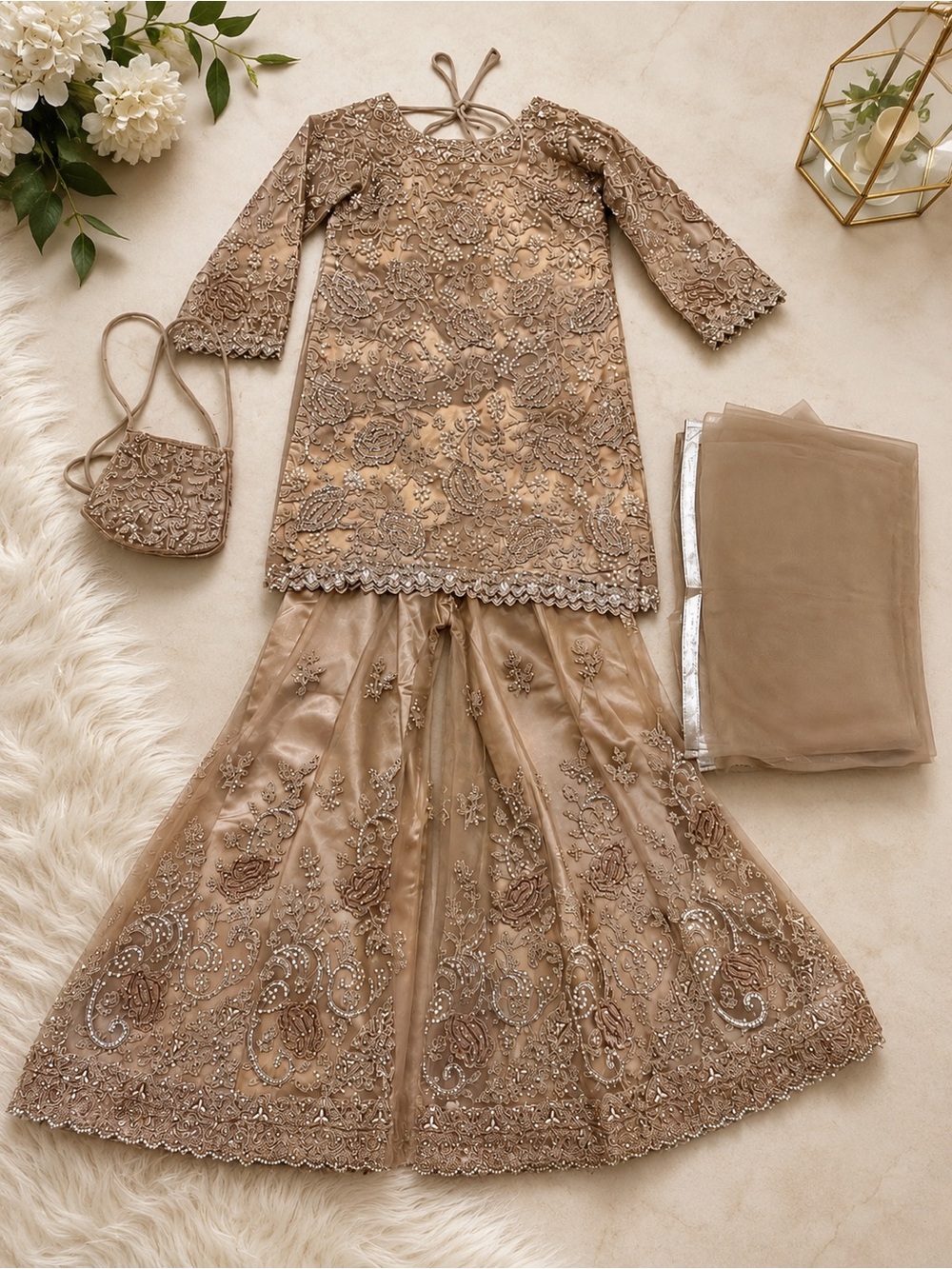 Embroidered Taupe Sharara Set with Sequin Accents